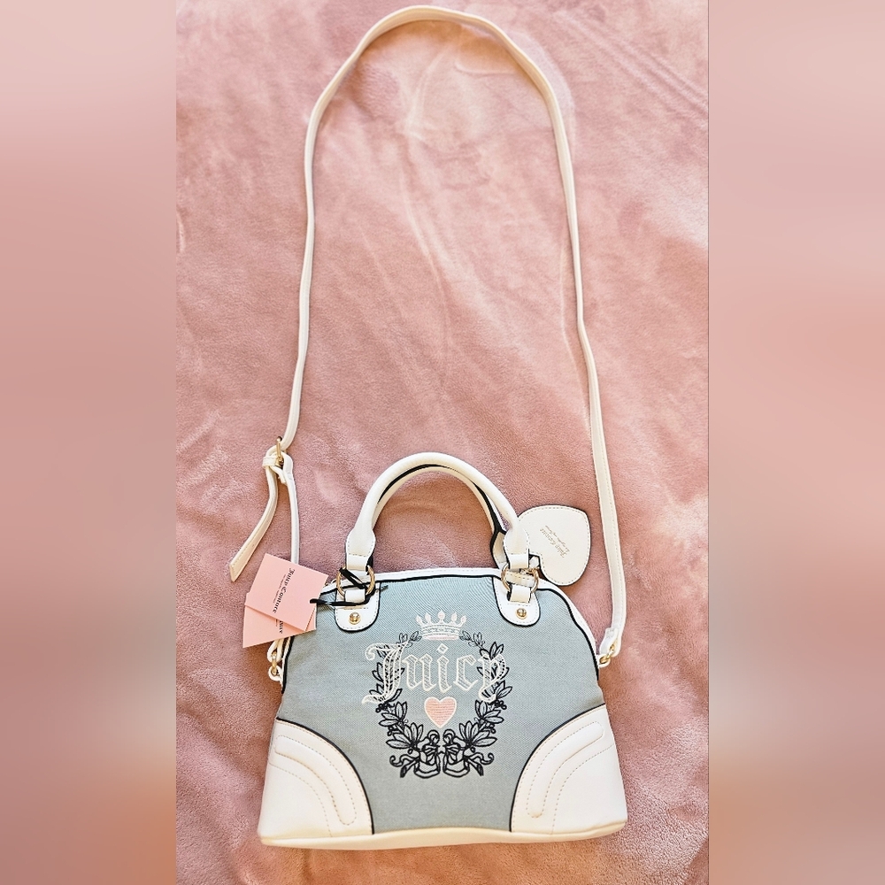 Juicy Couture Denim Heritage Satchel Blue & White with Heart Charm - Picture 4 of 11